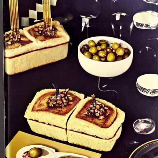 Prompt: sliced frosted sandwich loaf with olives and cream cheese on an ornate golden platter, dinner party display, high resolution magazine scan, seventies era