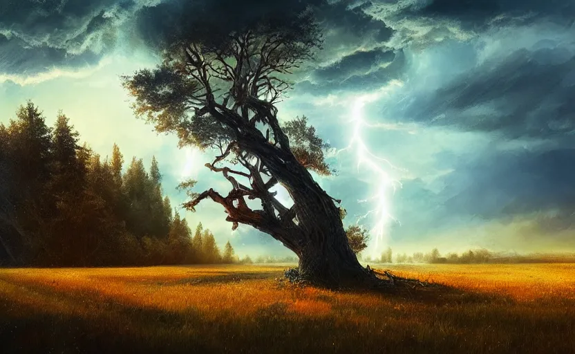 Image similar to lightning strikes a tree in the middle of a field, fantastic landscape, hyperrealism, no blur, 4k resolution, ultra detailed, style of Anton Fadeev, Ivan Shishkin, John Berkey