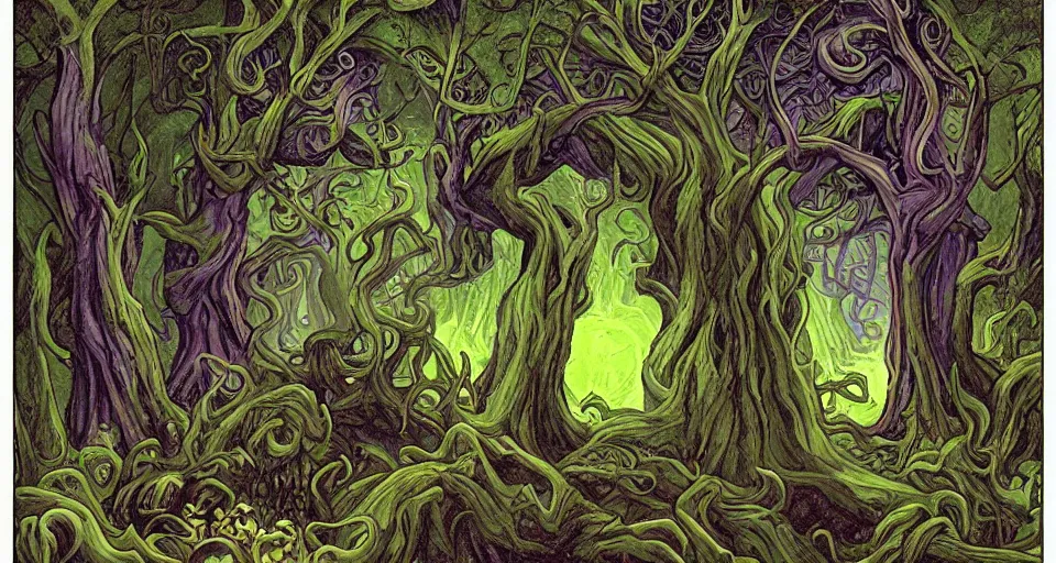 Image similar to Enchanted and magic forest, by H.P. Lovecraft