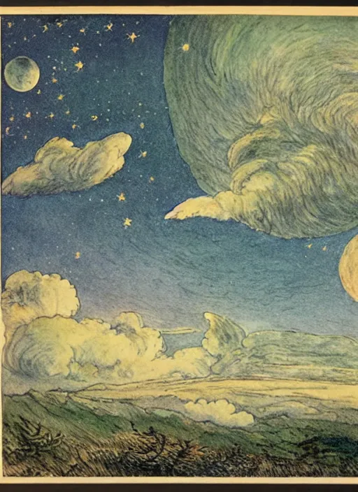 Image similar to night sky, stars, moon prominently in the center, surrounded by clouds, landscape, illustrated by peggy fortnum and beatrix potter and sir john tenniel