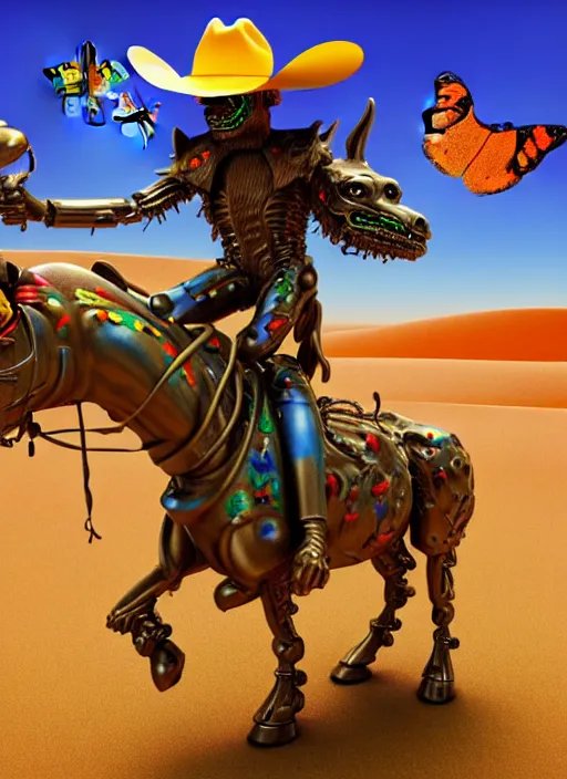 Prompt: a cyborg goblin in a cowboy hat is riding a horse, a computer rendering by jeff koons, against a psychedelic surreal desert background with 3 d butterflies and 3 d flowers n the style of 1 9 9 0's cgi graphics, on zbrush central, pop surrealism, daz 3 d, made of rubber, concept art