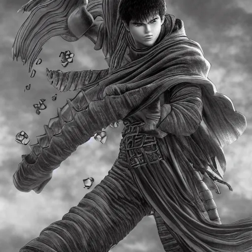 Image similar to guts in the style of kentaro miura, 4 k, 8 k, absolute detail of even the smallest details and particles, beautiful shadows, beautiful art, black and white drawing, high rendering of the details of the environment, faces and characters