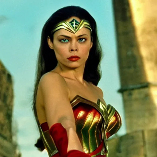 Image similar to ornella muti as wonder woman, 8 k resolution hyperdetailed photo realistic, extremely high quality and life like