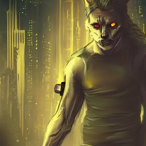 Prompt: a half transformation cyberpunk werewolf