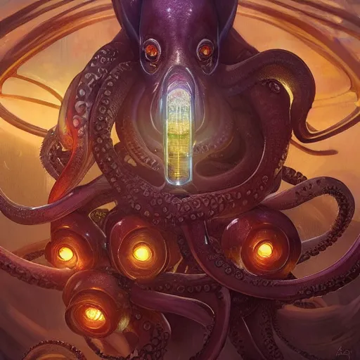 Prompt: a Nerdy Octopus, surrounded by Computers, D&D, fantasy, intricate, cinematic lighting, highly detailed, digital painting, artstation, concept art, smooth, sharp focus, illustration, art by Artgerm and Greg Rutkowski and Alphonse Mucha