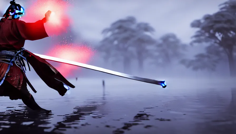 Image similar to Digital Art of A Samurai! Ninja! in Action, fighting and swords colliding, standing in a glowing lake while it rains, Concept Art, highly detailed, Artstation, 8k, Raytracing, Unreal Engine 5