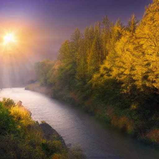 Prompt: beautiful landscape, highly detailed, sun flare, river and trees, hyper realistic, sunset, foggy, photography