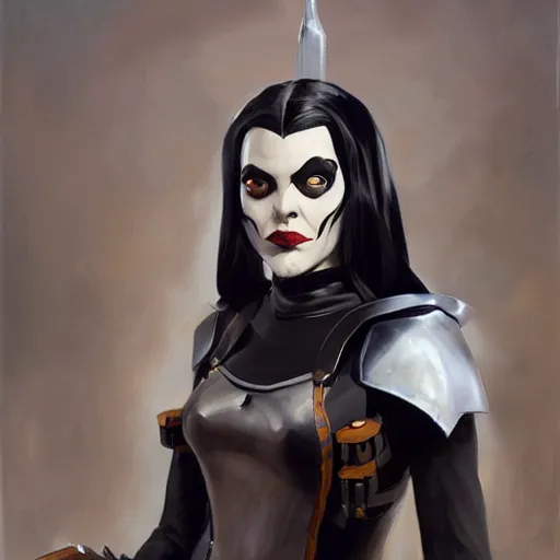 Image similar to greg manchess portrait painting of partially armored wednesday from addams family as overwatch character, medium shot, asymmetrical, profile picture, organic painting, sunny day, matte painting, bold shapes, hard edges, street art, trending on artstation, by huang guangjian and gil elvgren and greg rutkowski