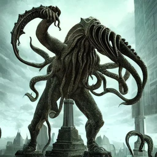 Image similar to high quality concept art of many huge statues of cthulhu in downtown, crowded people, dark fantasy, highly detailed, cinematic lighting