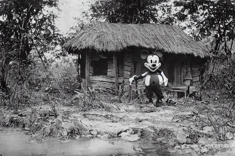 Image similar to a 1 9 0 5 colonial closeup photograph of mickey mouse in a village at the river bank of congo, thick jungle, wide angle shot