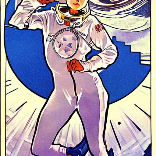 Image similar to a stoic heroic butch tomboy blonde emotionless woman, with very short slicked - back hair. she is dressed as an astronaut. well composed, clean elegant painting, beautiful detailed face. comic book art by steve ditko and jack kirby and ( alphonse mucha )