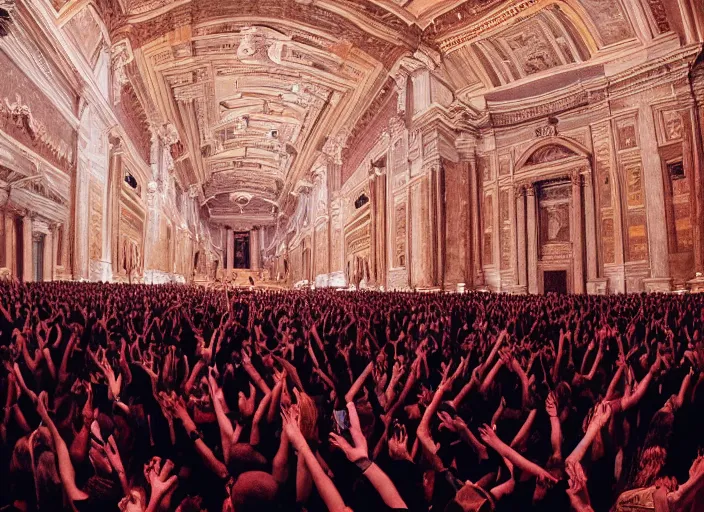 Image similar to a high resolution photograph of sunn o ) ) ) playing live at the vatican with monk robes, smoke machines, huge walls of amplifiers, many amplifiers stacked high, ornate