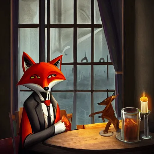 Prompt: humanoid fox detective in an evil restaurant. dark, gothic, moonlight through window. fine art, masterpiece digital painting, 4 k