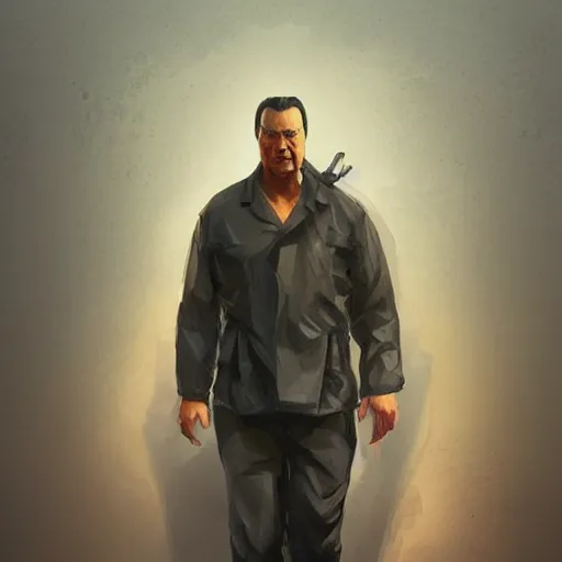 Prompt: sad steven seagal full body portrait, prison jumpsuit, prison jumpsuit, digital painting, artstation, concept art, smooth, sharp focus, illustration, whimsical background by marc simonetti, artwork by liam wong, patriotic!