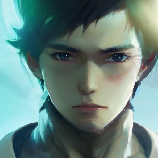 Image similar to insanely detailed. by wlop, ilya kuvshinov, krenz cushart, greg rutkowski, pixiv. zbrush sculpt, octane, maya, houdini, vfx. close - up gorgeous attractive cg anime male character with long hair, parted in the middle, with brilliant green glowing eyes. cinematic dramatic atmosphere, sharp focus, volumetric lighting.