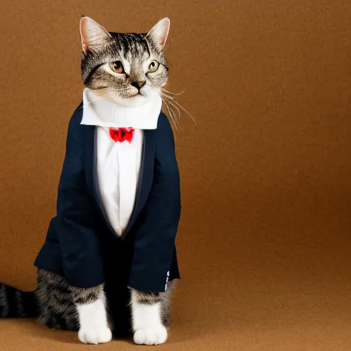 Prompt: studio portrait photo of a cat wearing a suit