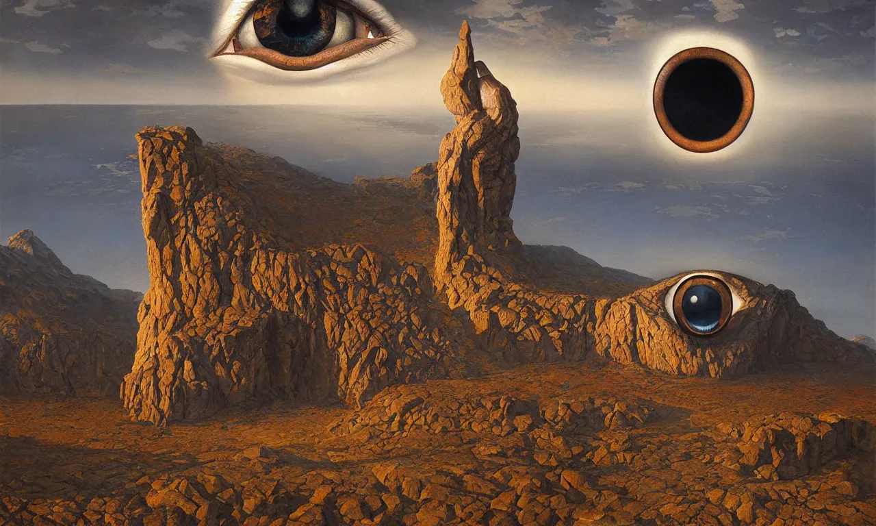 Image similar to the eye of sight, art by james gurney and greg rutkowski and rene magritte, surrealism by salvador dali, very detailed, high resolution, symmetry, volumetric lighting