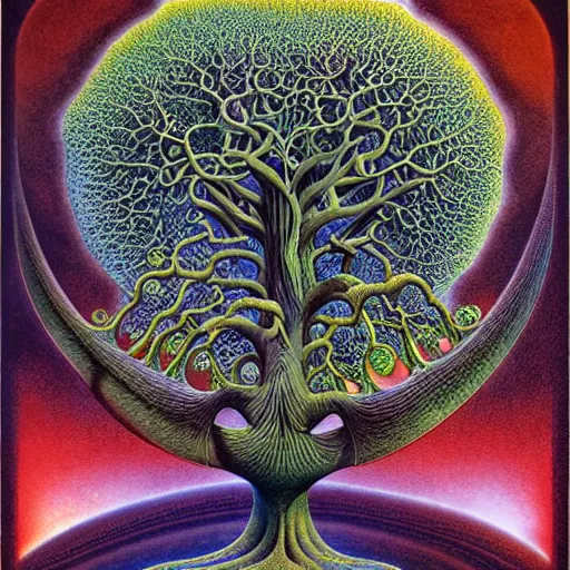 Image similar to sacred mulberry tree by roger dean and andrew ferez, art forms of nature by ernst haeckel, divine chaos engine, symbolist, visionary, art nouveau, botanical fractal structures, tree of life, lightning, detailed, realistic, surreality, lichtenberg figure