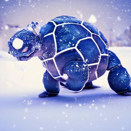 Image similar to highly realistic 3 d rendering of blastoise covered in snow and ice, unreal engine 5, volumetric lighting