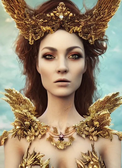 Image similar to expressive full body photo of a female model as beautiful angel, ornate headpiece made from flowers, ornaments, glamour shot, by karol bak, by stefan gesell, octane render, unreal engine, photorealistic, canon r 3, fashion photography, studio shot, realistic skin tone