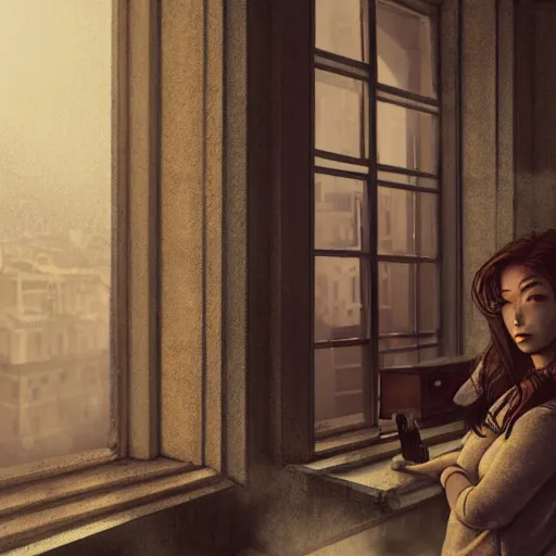 Image similar to window, eye, women, buildings, surprise, scared by wlop, artgerm, greg rutkowski, milo manara, octane render