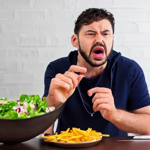 Prompt: A man arguing loudly with a bowl of salad