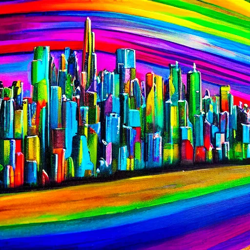Prompt: a detailed painting of city made entirely in rainbow color glass