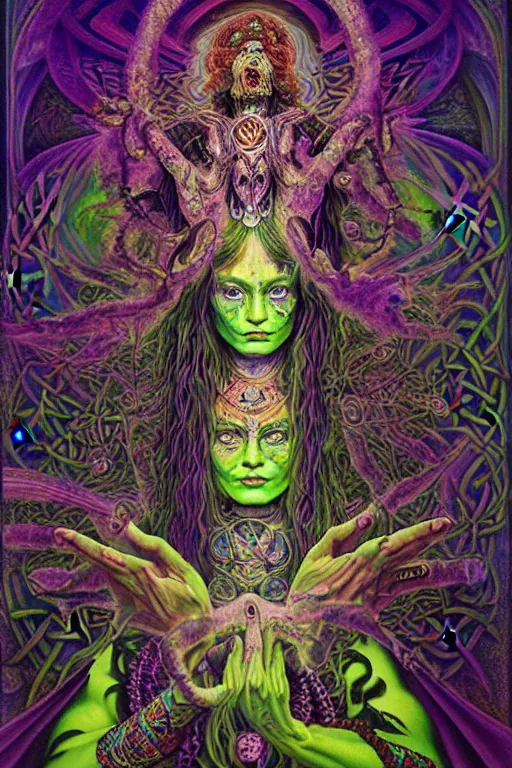 Prompt: psychedelic shaman, green and purple, wearing celtic tattoos, inside an epic, ancient temple, ayami kojima, greg hildebrandt, mark ryden, hauntingly surreal, eerie vibrating color palette of charlie immer, highly detailed painting by, jenny saville, soft light 4 k