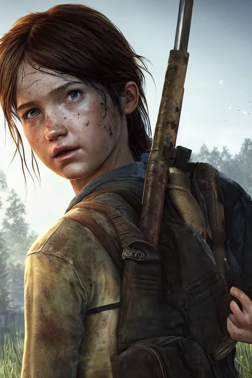 Image similar to portrait art of ellie from the last of us part 2, 8 k ultra realistic, digital art, character portrait, highly detailed, trending on artstation, lens flare, atmosphere, hyper realistic, cinematic lightning, sharp focus, unreal engine 5, extreme details perfect face, pretty face, fine - face, illustration, 8 k, ultra texture, masterpiece