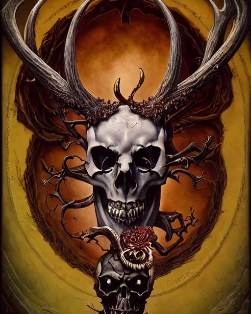 Prompt: perfectly centered portrait front view of a angry dead rotten beautiful dear skull growing ornamentation all around, ornate, detailed, symmetrical, elegant, beautifully soft lit, by wayne barlowe, peter mohrbacher, kelly mckernan