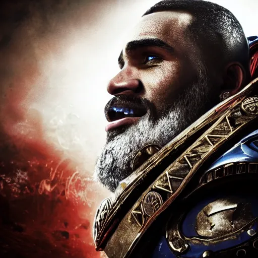 Image similar to Portrait of Alexandre Lacazette as the emperor of humanity from warhammer 40k in Gears of War, splash art, movie still, cinematic lighting, dramatic, octane render, long lens, shallow depth of field, bokeh, anamorphic lens flare, 8k, hyper detailed, 35mm film grain