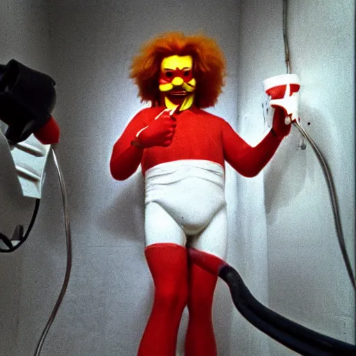 Image similar to ronald mcdonald putting the lotion on its skin or else it gets the hose again, horror, vhs quality, realistic, dutch angle