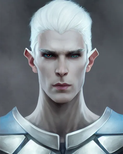 Image similar to character portrait of a slender young half elven man with white hair piercing blue eyes and pale blue skin, wearing sleek pearlescent black armor, by greg rutkowski and mark brookes and jim burns and tom bagshaw and magali villeneuve, trending on artstation