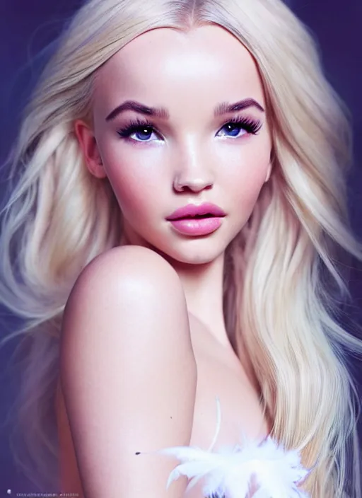 Prompt: a gorgeous female photo of a mix of dove cameron and madison beer, professionally retouched, soft lighting, wearing a feather dress, realistic, smooth face, perfect eyes, wide angle, sharp focus on eyes, full body centerfold, 8 k high definition, insanely detailed, intricate, elegant, art by artgerm and wlop