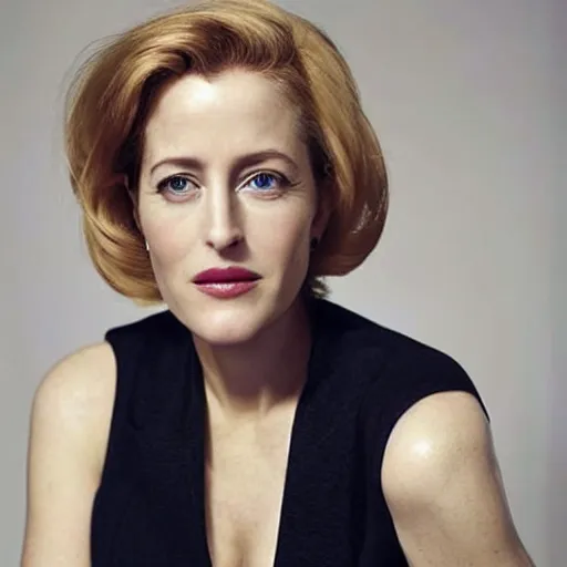 Prompt: photo of a gorgeous Gillian Anderson pixie cut hairstyle by Mario Testino, detailed, full body shot, award winning, Sony a7R