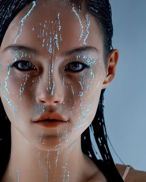 Prompt: portrait photo of female dancer as a cyberpunk mecha humanoid robotic head shoulder parts with straight bright led lights, wet skin with water dripping down face, ultra - realistic and detailed, 8 k hdr