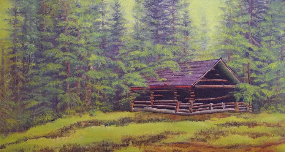 Prompt: one log cabin in the thick forest, beautiful painting, oil on canvas, by Ewa Czarniecka, award winning masterpiece,