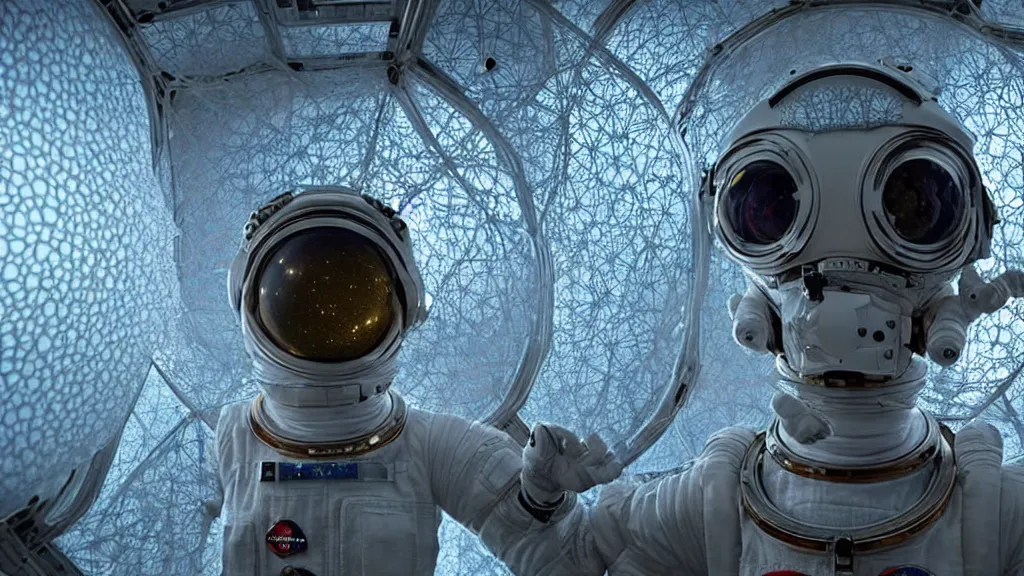 Image similar to a single astronaut eva suit interwoven with diamond 3d fractal lace iridescent bubble 3d skin and covered with insectoid compound eye camera lenses floats through the living room, film still from the movie directed by Denis Villeneuve with art direction by Salvador Dalí, wide lens,