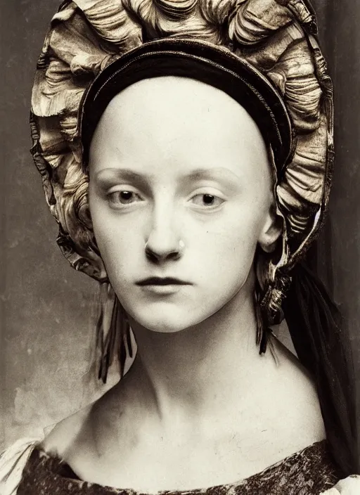 Prompt: portrait of young woman in renaissance dress and renaissance headdress, art by irving penn