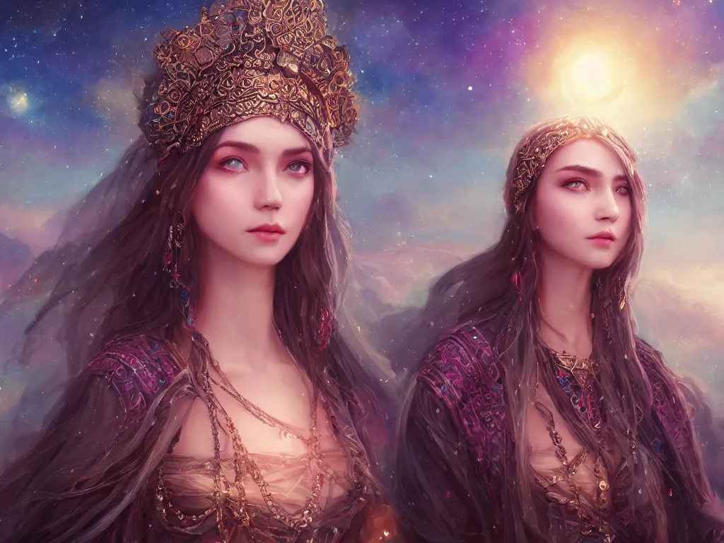 Prompt: masterpiece portrait charming and miracle female luxury astromancer boho accessories in dreamlike movie, high detailed face, art by artgerm, greg rutkowski, sasoura, satchely, ross tran,, big major starry sky and city in background, uhd, medium long shot, fantasy, twlight, no distorsion, sharp focus,