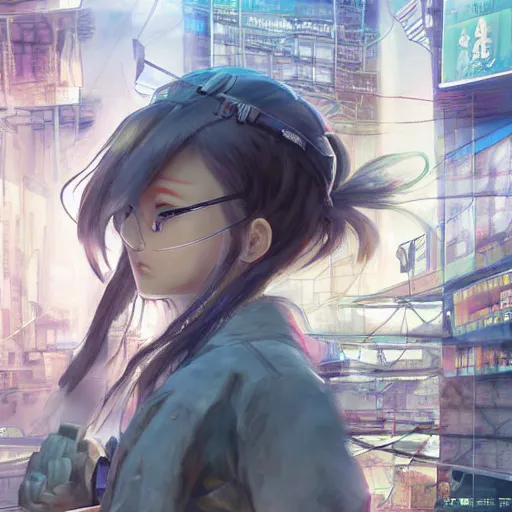 Image similar to dynamic composition, motion, ultra-detailed, incredibly detailed, a lot of details, amazing fine details and brush strokes, colorful and grayish palette, smooth, HD semirealistic anime CG concept art digital painting, watercolor oil painting of Clean and detailed post-cyberpunk sci-fi close-up schoolgirl in asian city in style of cytus and deemo, blue flame, relaxing, calm and mysterious vibes,, by a Chinese artist at ArtStation, by Huang Guangjian, Fenghua Zhong, Ruan Jia, Xin Jin and Wei Chang. Realistic artwork of a Chinese videogame, gradients, gentle an harmonic grayish colors. set in half-life 2, Matrix, GITS, Blade Runner, Neotokyo Source, Syndicate(2012), dynamic composition, beautiful with eerie vibes, very inspirational, very stylish, with gradients, surrealistic, dystopia, postapocalyptic vibes, depth of field, mist, rich cinematic atmosphere, perfect digital art, mystical journey in strange world