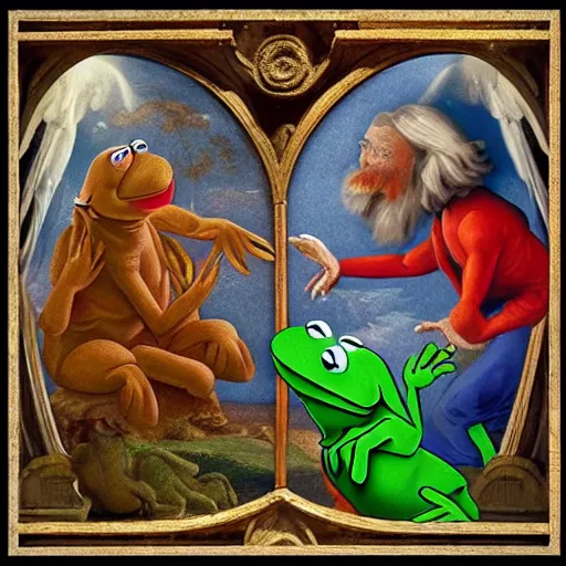 Image similar to the creation of adam but with kermit the frog and jim henson instead, muppets, renaissance style, heavenly, cosmic, god rays, intricate detail, 8 k,