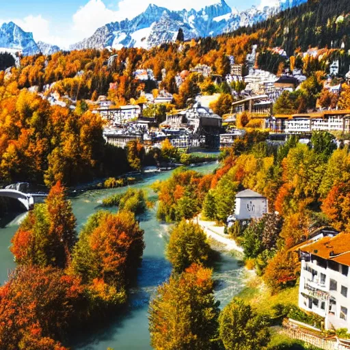 Image similar to Beautiful alpine city, located between a river and the mountains, during autumn, photorealistic, 8k,