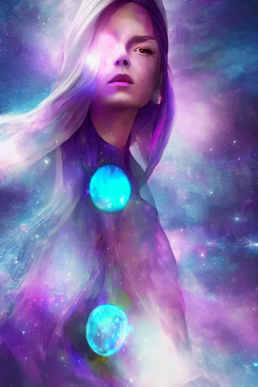 Image similar to Celestial goddess of time and space floating in the cosmos striking beauty oracle trending on artstation purple amathist color scheme + gemstone crystals + realistic + photorealistic + octane render + 3d render