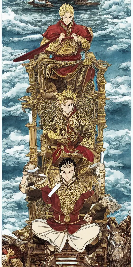 Image similar to highly detailed lone emperor sitting on a throne floating on water in the middle of a lake drawn by Makoto Yukimura in the style of Vinland saga anime, full color, detailed,