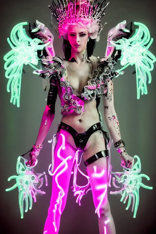 Prompt: full-body rococo and cyberpunk style neon statue of a seductive attractive Spanish android sin ropa in a macho heroic pose, bem dotado, piroca, pecho peludo, ethereal white dripping tar, glowing orange lasers, pink tigers, glowing eyes, silver prince crown, black gears, pink diamonds, swirling mint-colored silk fabric. futuristic elements. full-length view. human skulls. large intricate artwork by caravaggio. trending on cgsociety, trending on artstation, octane render, cinematic lighting from the right, hyper realism, octane render, 8k, depth of field, 3D