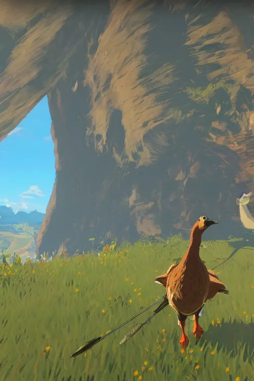 Image similar to in game footage of a goose from the legend of zelda breath of the wild, breath of the wild art style.