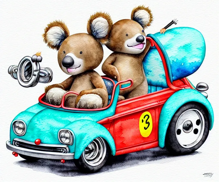 Image similar to cute and funny, koalabear with fuzzy ears riding in a tiny hot rod with an oversized engine, ratfink style by ed roth, centered award winning watercolor pen illustration, isometric illustration by chihiro iwasaki, edited by range murata, tiny details by artgerm and watercolor girl, symmetrically isometrically centered, sharply focused