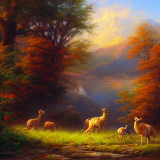 Prompt: Serene landscape with animals by Mark Keathley, 4k, artstation, HD,