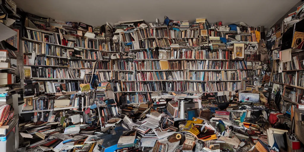 Prompt: ultra wide shot of a spooky hoarder's house where piles of books and magazines reach the ceiling, atmospheric dread